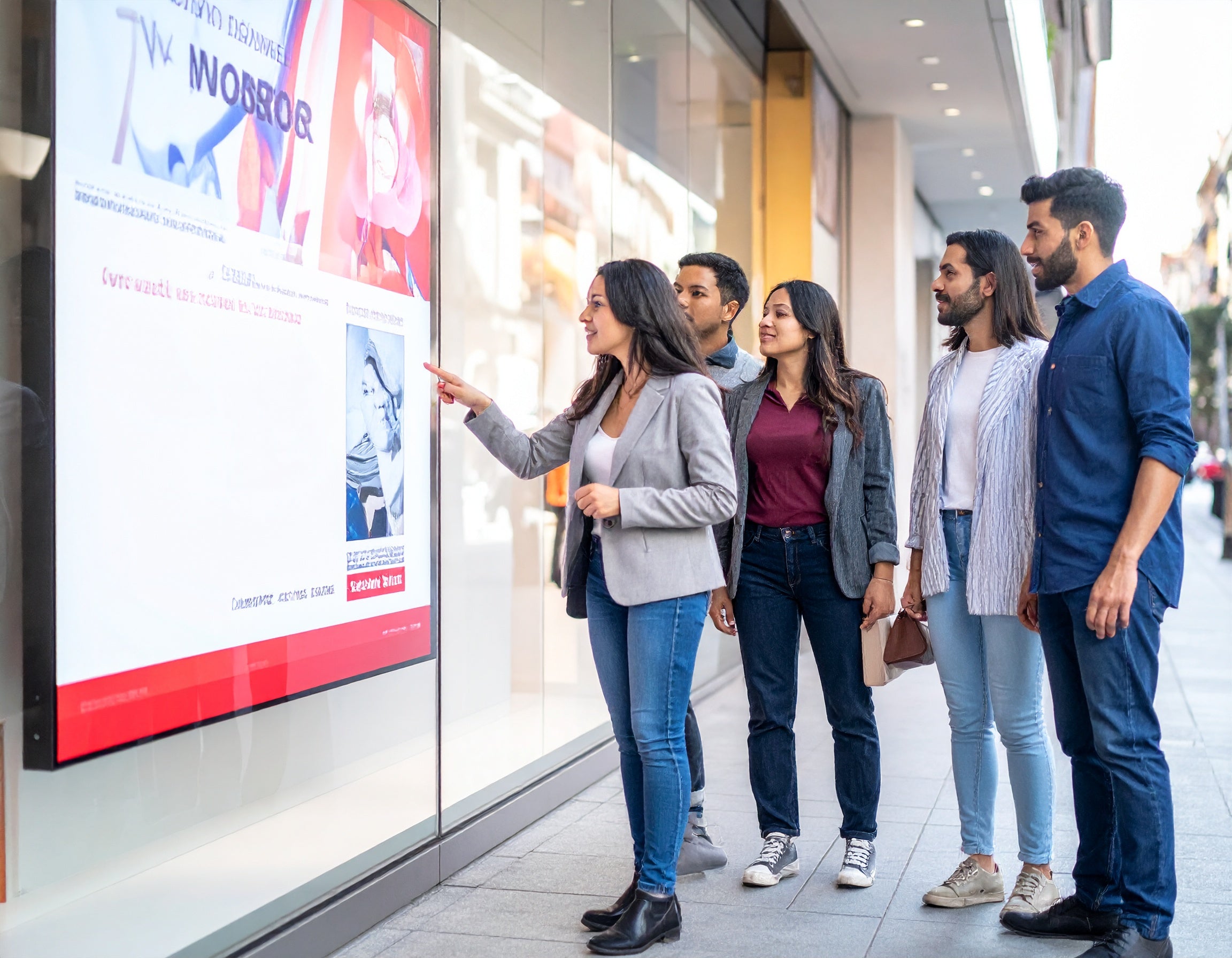 Group of people interacting with a digital display on a city street.