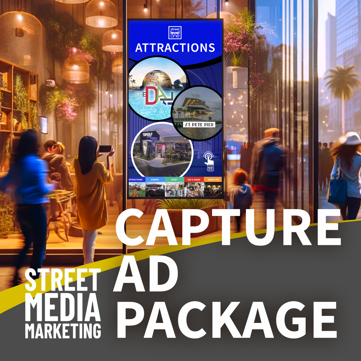 Digital display with attractions information in an urban setting, promoting street media marketing.