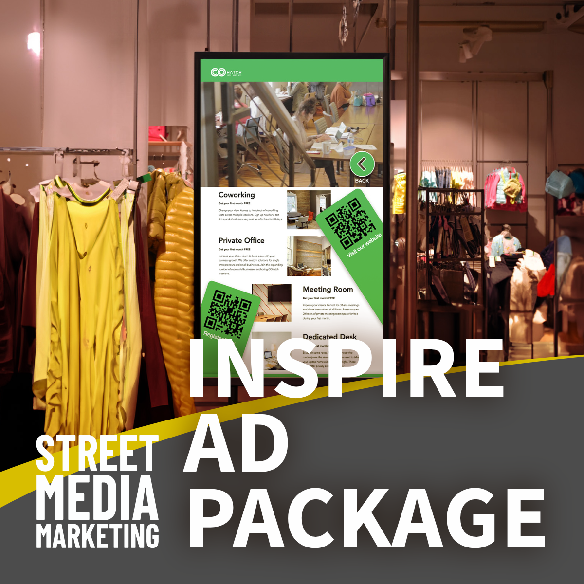 Advertisement package for street media marketing with a QR code on a clothing store background
