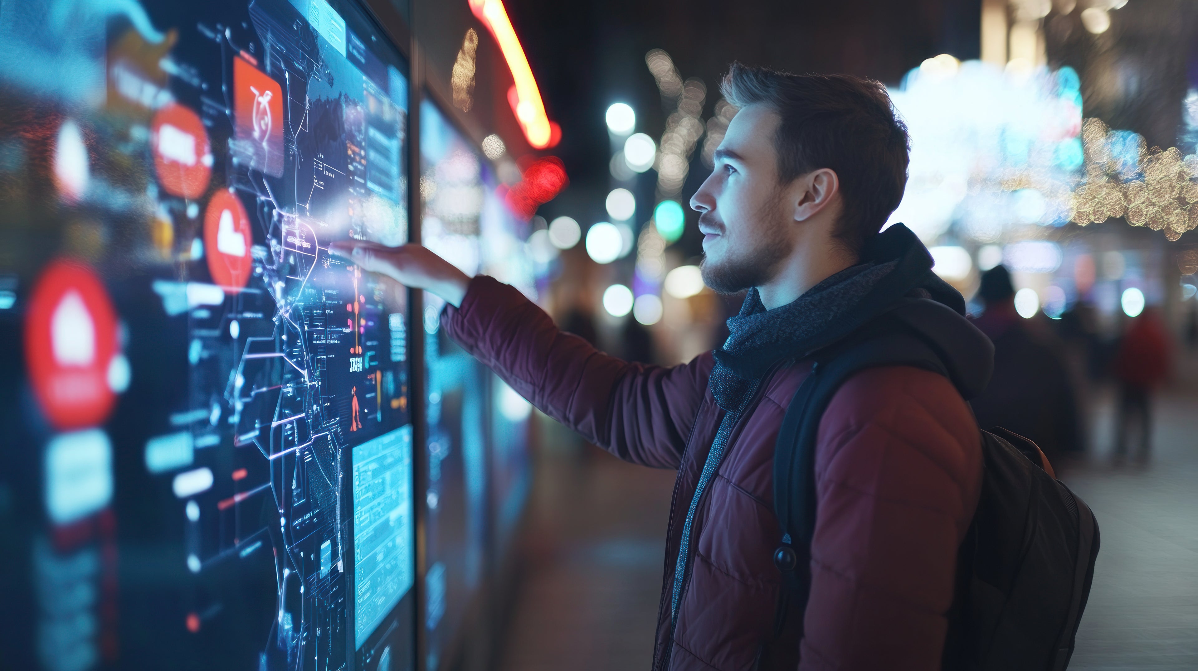Man interacting with a large digital display in an urban night setting